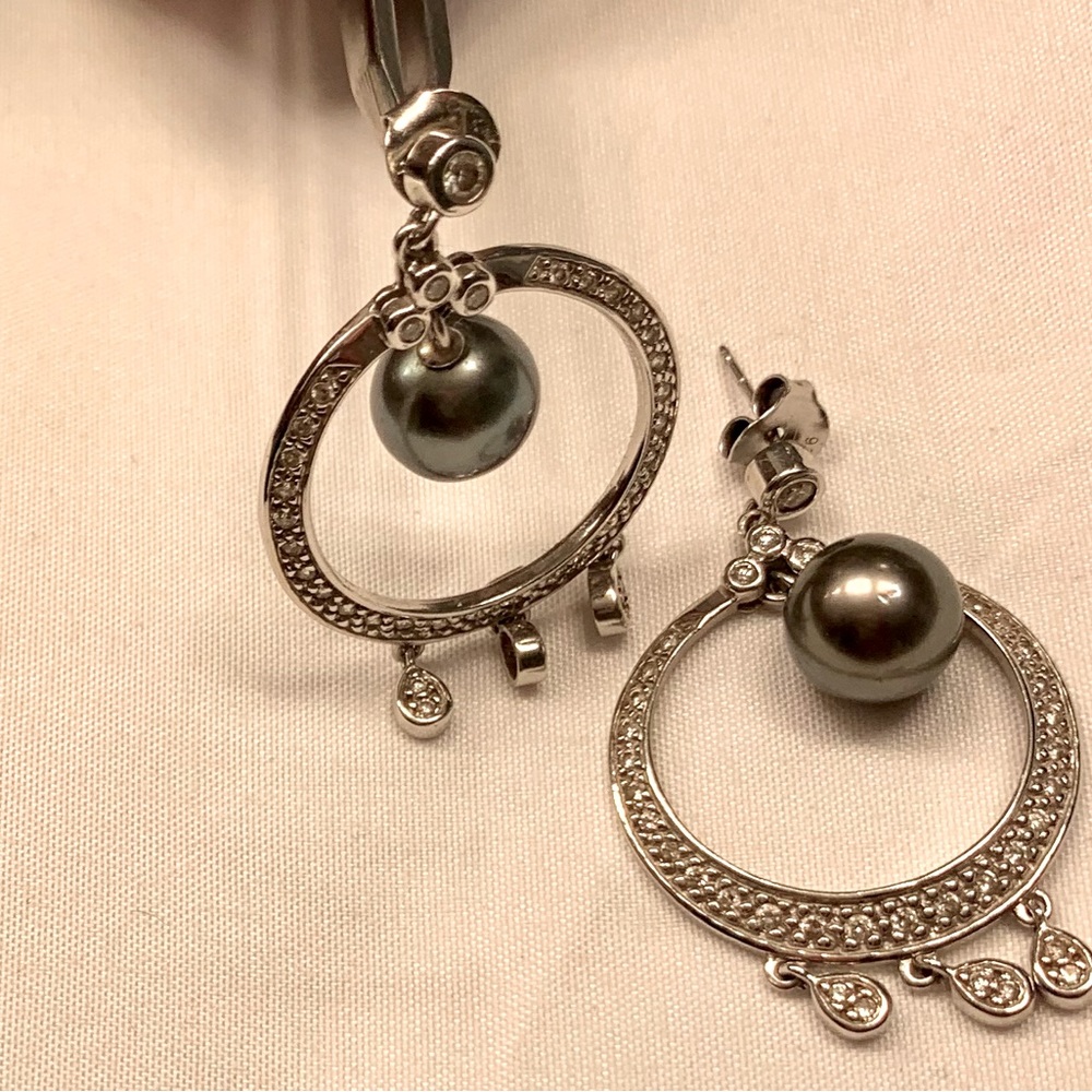 Genuine Black Tahitian Pearl and diamond Chandelier Earrings in 14k white gold